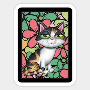 Cute Calico Kitty Cat with multi colored flowers Sticker